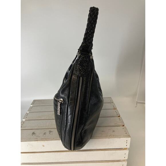 BRIGHTON LARGE BLACK LEATHER, ANIMAL PRINT TRIM SHOULDER BAG - Picture 6 of 16